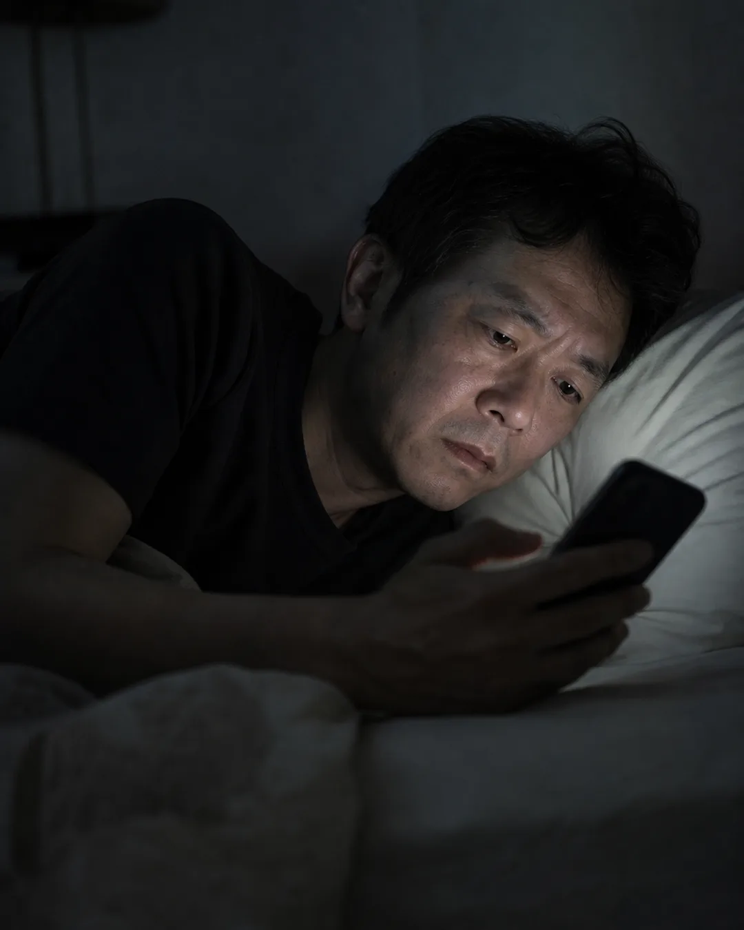 夜の自宅で不安な顔でスマホを見る日本人男性社長